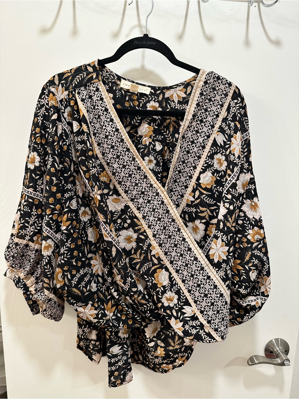 lovestitch Black Floral Wrap Blouse with Cream and Gold Accents